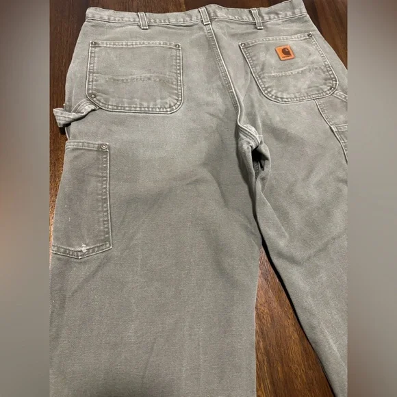 Carhartt Men’s 36X32 Loose Fit Gray Double Knee Canvas Work Pants Distressed